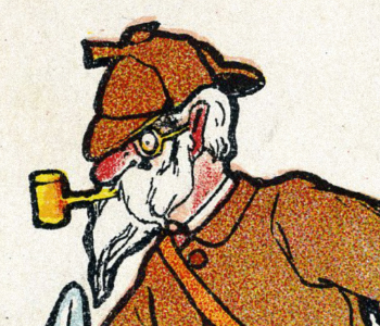 Postcard image of a man in a detective hat with a pipe and gray beard